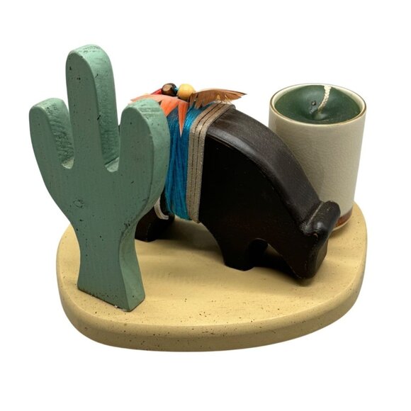 Southwestern-Themed Candle Holder With Cactus & Buffalo Design On Wooden Base - Picture 1 of 7